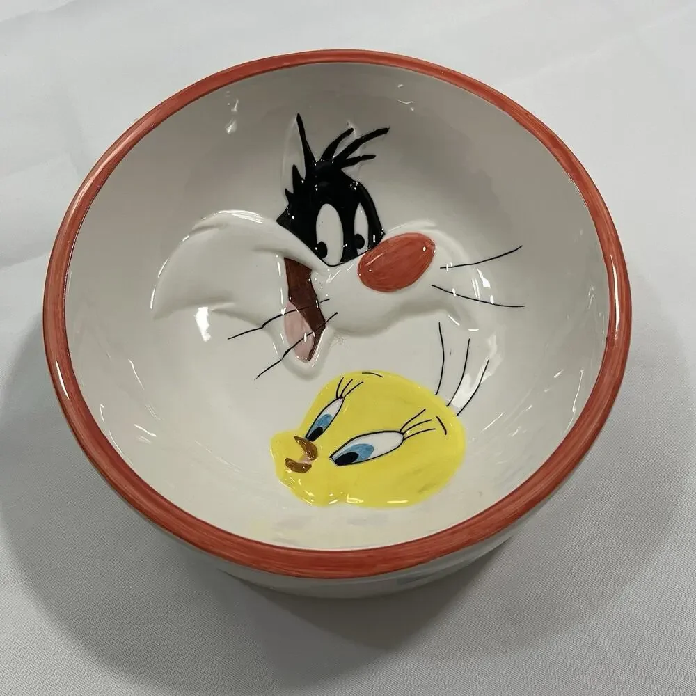 NEW VINTAGE 1993 LOONEY TUNES TWEETY‎ BIRD SYLVESTER CERAMIC PET BOWL DISH 8